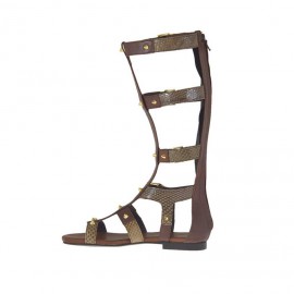 Chaussure spartiates ouvert pour femmes avec fermeture éclair, goujons et boucles en cuir et cuir imprimé marron foncé talon 1 - Pointures disponibles:  32, 33 2