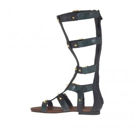 Woman's gladiator open shoe with zipper, studs and buckles in black leather and green printed leather heel 1 - Available sizes:  32, 34 2