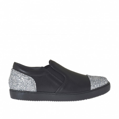 Woman's shoe with elastic bands in black leather with silver glitter wedge heel 2 - Available sizes:  32