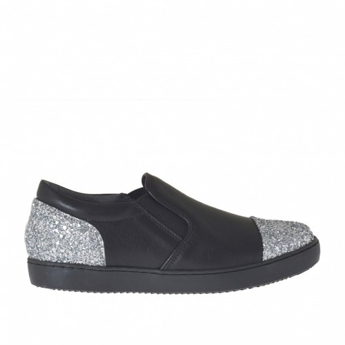 Zapato para mujer con elasticos en piel negra con brillo plateado cuña 2 - Tallas disponibles:  32