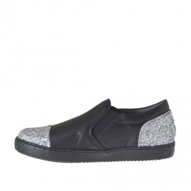 Woman's shoe with elastic bands in black leather with silver glitter wedge heel 2 - Available sizes:  32 2