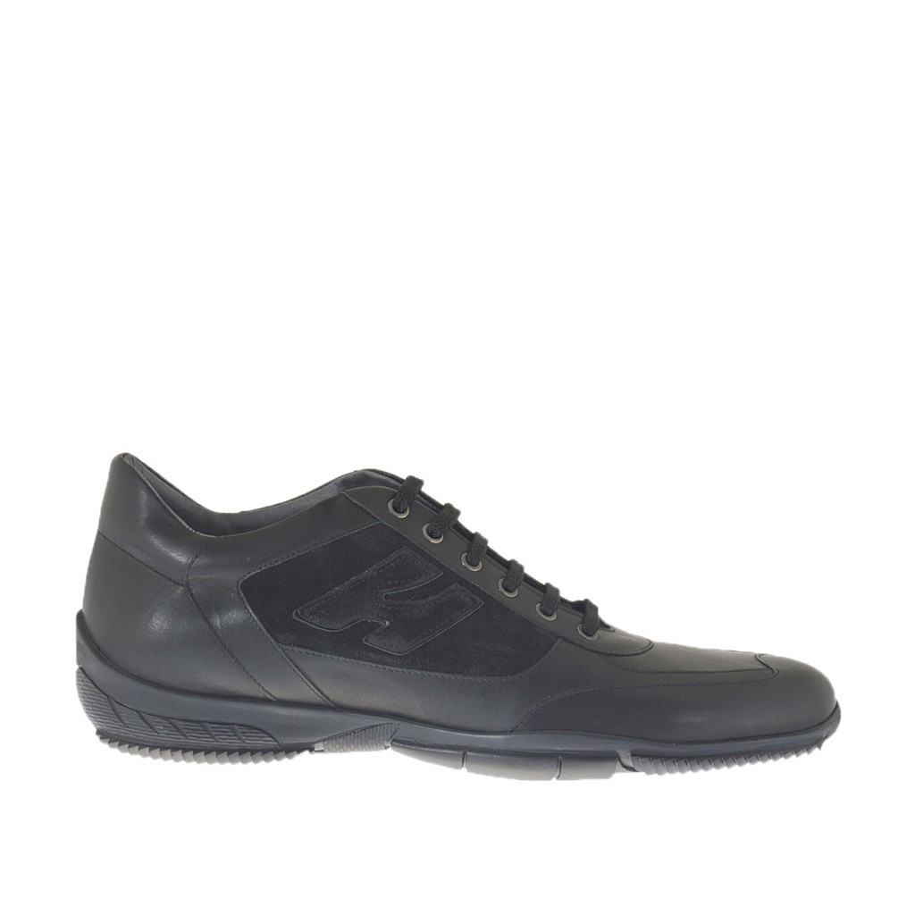 Men's laced sports shoe in black suede and leather