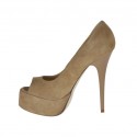 Escarpin à bout ouvert avec plateforme en daim beige talon 13 - Pointures disponibles:  42