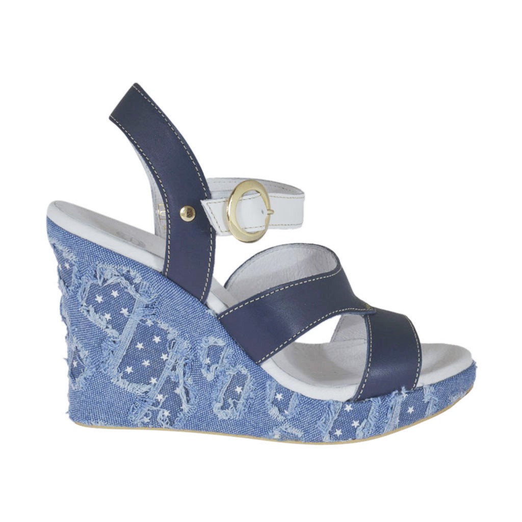 Woman's strap sandal in blue and white leather and jeans fabric with  platform and wedge heel 9