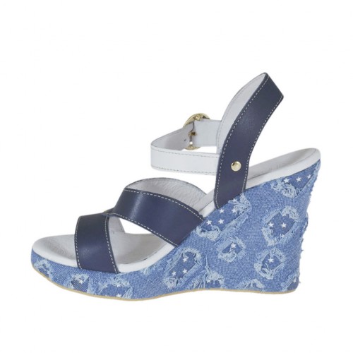 Woman's strap sandal in blue and white leather and jeans fabric with  platform and wedge heel 9