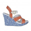 Woman's strap sandal in tan brown and white leather and jeans fabric with platform and wedge heel 9 - Available sizes:  42