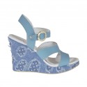 Woman's strap sandal in light blue leather and jeans fabric with platform and wedge heel 9 - Available sizes:  42