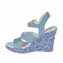 Woman's strap sandal in light blue leather and jeans fabric with platform and wedge heel 9 - Available sizes:  42