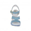 Damensandale aus hellblauem Leder und Jeansstoff mit Riem, Plateau und Keilabsatz 9 - Verfügbare Größen:  34, 42