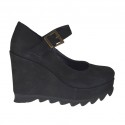 Woman's strap pump with wedge and platform in black nubuck leather wegde heel 9  - Available sizes:  42