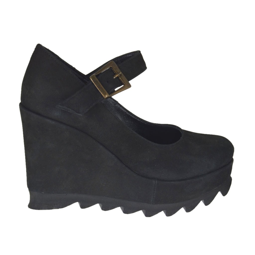Decolté da donna con cinturino, zeppa e plateau in nabuk nero zeppa 9