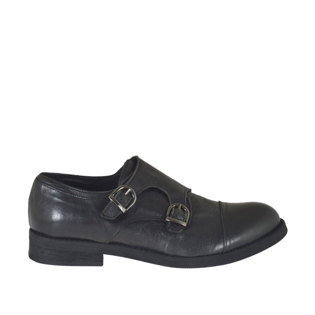 Elégant chaussure pour hommes avec deux boucles en cuir noir