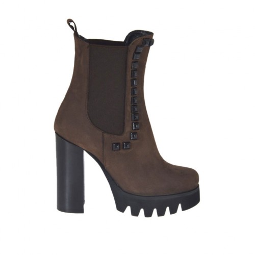 Woman's ankle boot with elastic bands and studs in brown nubuck leather heel 10 - Available sizes:  42