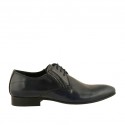 Men's elegant pointy laced derby shoe with elastic bands in smooth blue leather - Available sizes:  47, 50