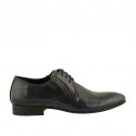 Men's elegant pointy laced derby shoe with elastic bands in smooth blue leather - Available sizes:  47, 48, 50