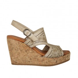 Woman's sandal in taupe pierced leather with platform and wedge 9 - Available sizes: 42