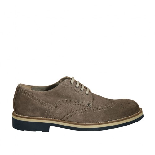 Men's casual laced derby shoe with Brogue decorations in taupe suede and printed suede - Available sizes:  46