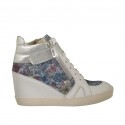 Woman's laced shoe with zippers and velcro in white and laminated silver leather and multicolored floral printed suede wedge 6 - Available sizes:  42