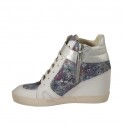 Woman's laced shoe with zippers and velcro in white and laminated silver leather and multicolored floral printed suede wedge 6 - Available sizes:  42