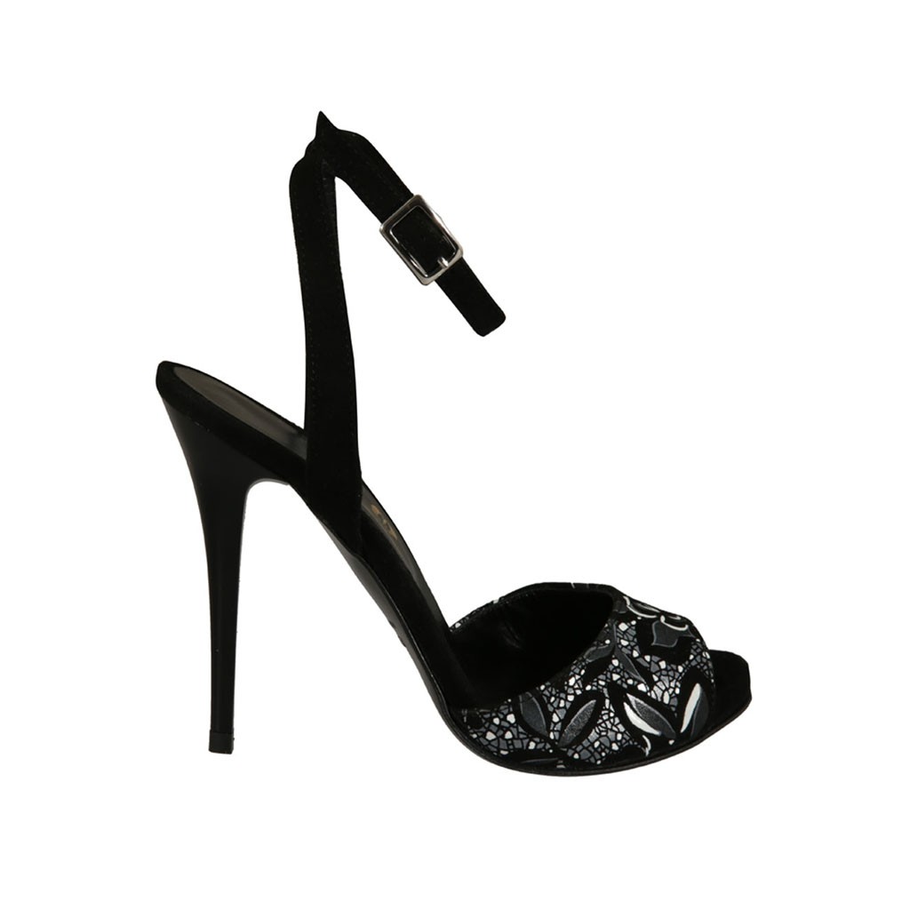 Sandalo da donna con cinturino alla caviglia e plateau in camoscio nero e  camoscio stampato floreale bianco e grigio tacco 11