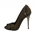Zapato de salon abierto en punta con plataforma para mujer en piel estampada laminada color bronce tacon 11 - Tallas disponibles:  31