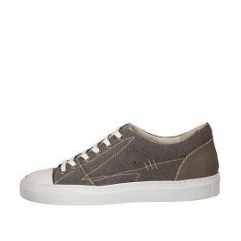 Men's laced sports shoe in grey fabric and taupe and white leather - Available sizes:  38 2