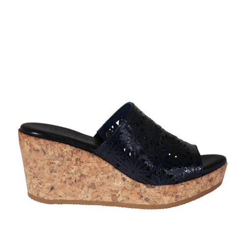 Woman s open mules in dark blue pierced patent leather wedge heel 7