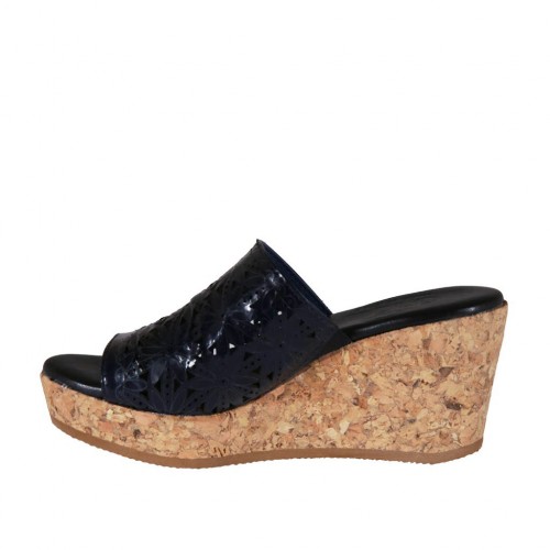 Woman's open mules in dark blue pierced patent leather wedge heel 7