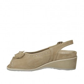 Woman's sandal with bow and removable insole in beige suede wedge heel 4 - Available sizes:  43 2