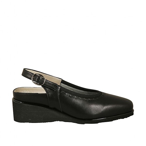 Chaussure ouverte à l'arrière pour femmes avec semelle interieur amovible en cuir noir talon compensé 4 - Pointures disponibles:  33