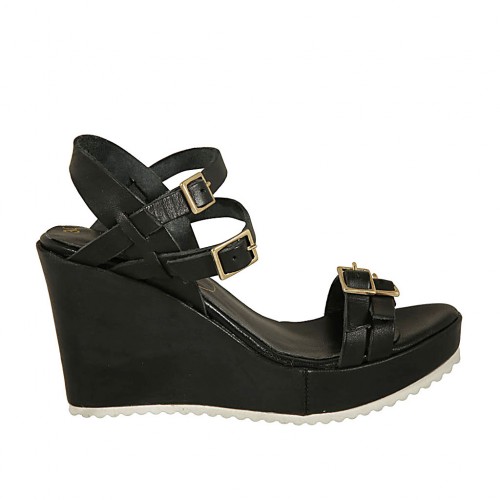 Sandale pour femmes avec plateforme, boucles et courroies réglables en cuir noir talon compensé 8 - Pointures disponibles:  42