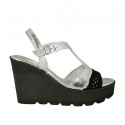 Woman's sandal in black pierced suede and silver laminated leather with strap wedge 9 - Available sizes:  42