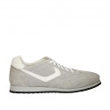 Men's laced casual shoe in grey suede and pierced suede and white leather - Available sizes:  46