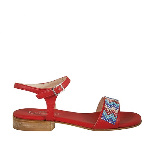 Sandalo da donna in pelle laminata rosso con cinturino e strass tacco 2 - Misure disponibili: 32
