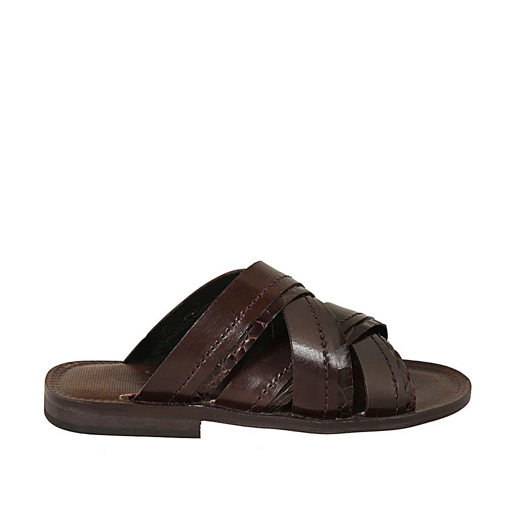 Men's slipper in dark brown leather and printed leather