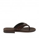 Men's flip-flop slipper in dark brown leather and printed leather - Available sizes:  37, 38, 47, 49