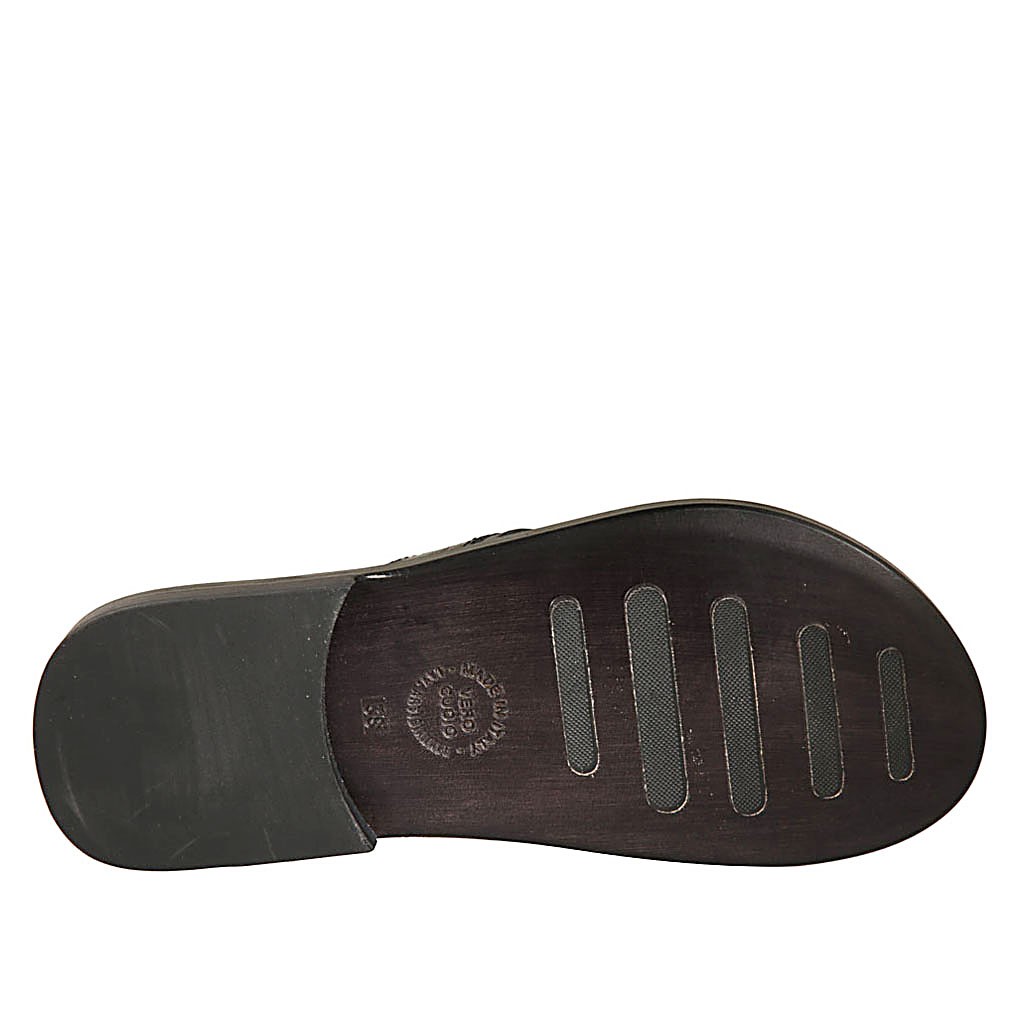 Men's flip-flop slipper in black leather and printed leather