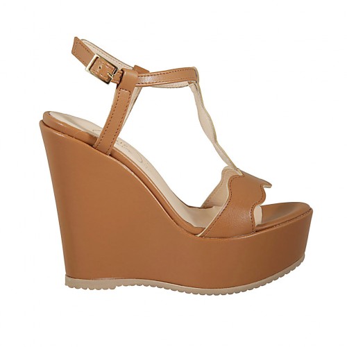 Woman's sandal in tan brown leather with strap, platform and wedge heel 12 - Available sizes:  42