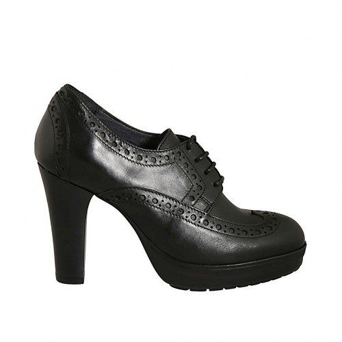Chaussure à lacets pour femmes en cuir noir avec plateforme talon 9 - Pointures disponibles:  42