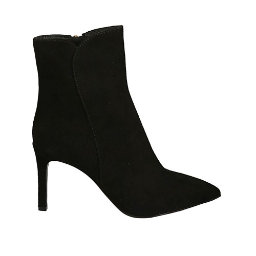 Botines puntiagudos para mujer con cremallera en gamuza negra tacon 8