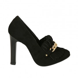 Scarpa accollata da donna con frangia e catena in camoscio nero tacco 10 - Misure disponibili: 31, 32, 33, 34, 42, 43, 44, 46, 47