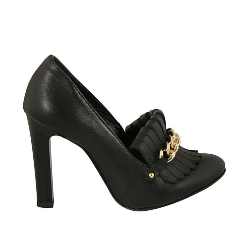 Zapato cerrado para mujer con flecos y cadena en piel negra tacon 10 - Tallas disponibles:  31