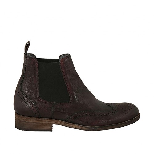Men's elegant ankle boot with zippers and Brogue decorations in maroon leather - Available sizes:  37, 47, 48, 50