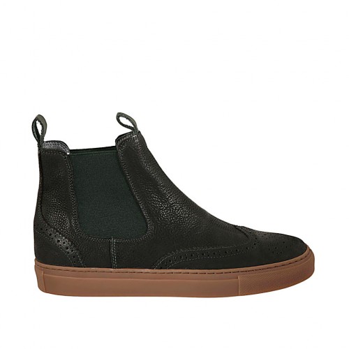 Stivaletto da uomo in pelle nera con elastici verdi e lavorazione Brogue - Misure disponibili: 38