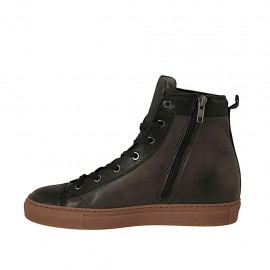 Men's ankle high laced shoe with zipper in black and grey leather - Available sizes:  37 2