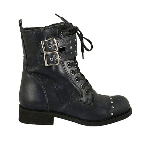 Woman's laced ankle boot with zipper, studs and buckles in blue marbled leather heel 3 - Available sizes:  32