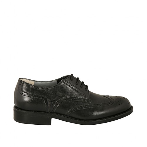 Chaussure derby élégant à lacets pour hommes en cuir noir avec decoration Brogue - Pointures disponibles:  36, 38, 50