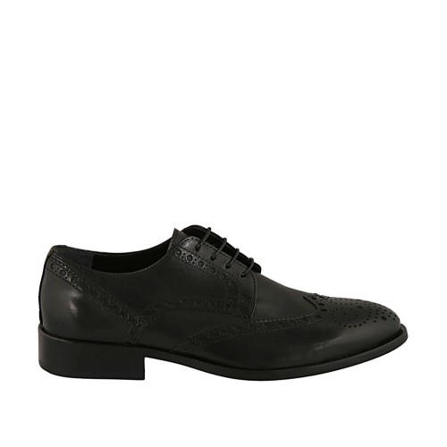 Chaussure élégant derby à lacets pour hommes en cuir noir avec decoration Brogue - Pointures disponibles:  36, 47, 50
