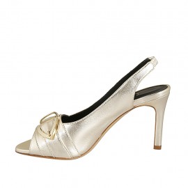 Woman's sandal with elastic and buckle in platinum laminated leather heel 8 - Available sizes:  31 2