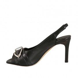 Woman's sandal with elastic and buckle in black leather heel 8 - Available sizes:  31 2